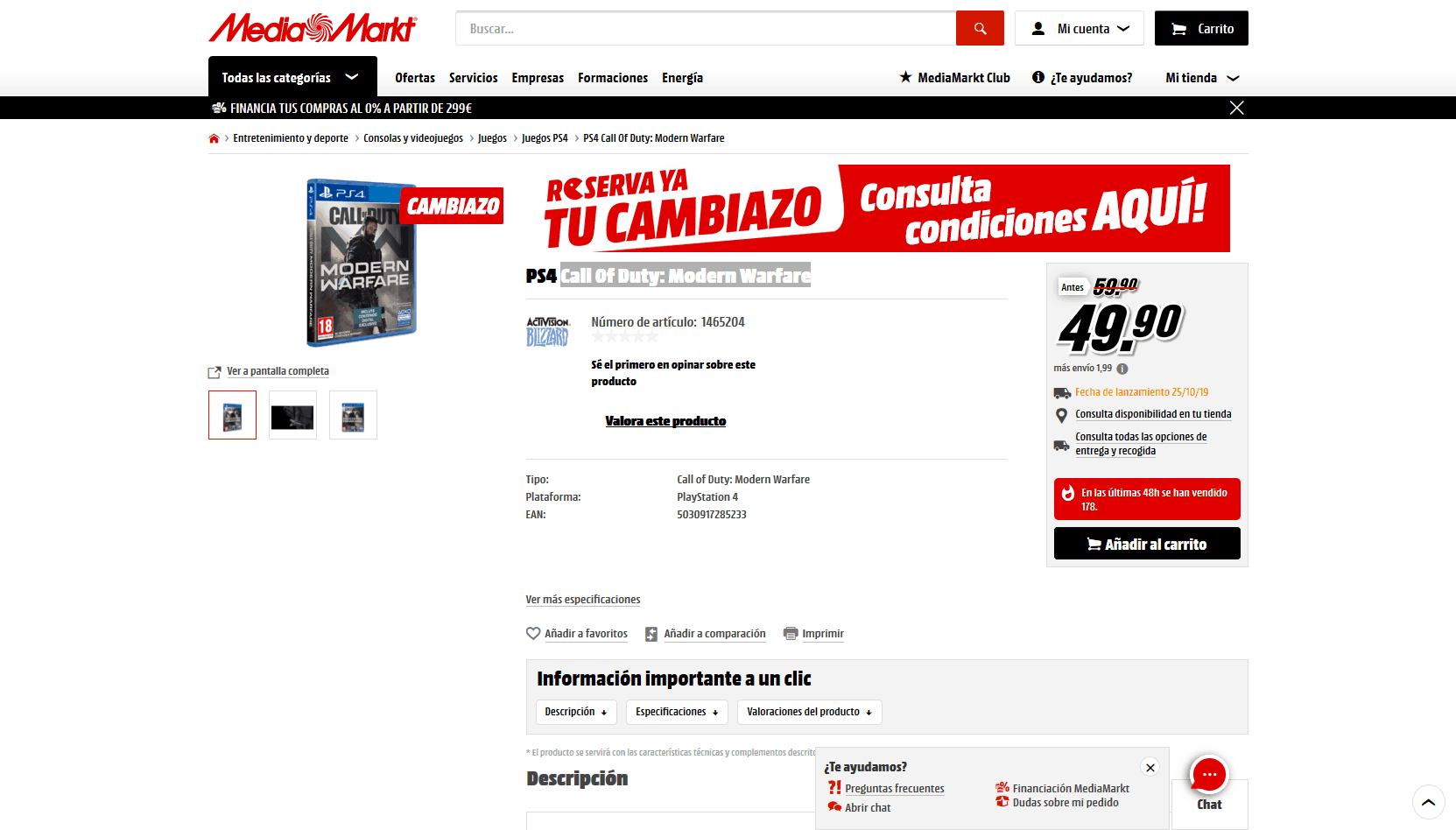 Cambiazo Media Markt para Call Of Duty: Modern Warfare por 49.90€