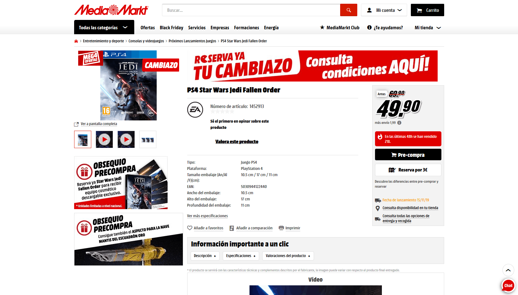 Cambiazo Media Markt para Star Wars Jedi Fallen Order por 49.90€