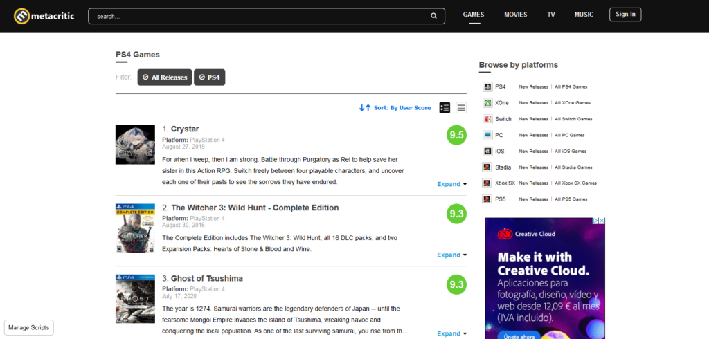Top 3 Usuarios Metacritic PS4