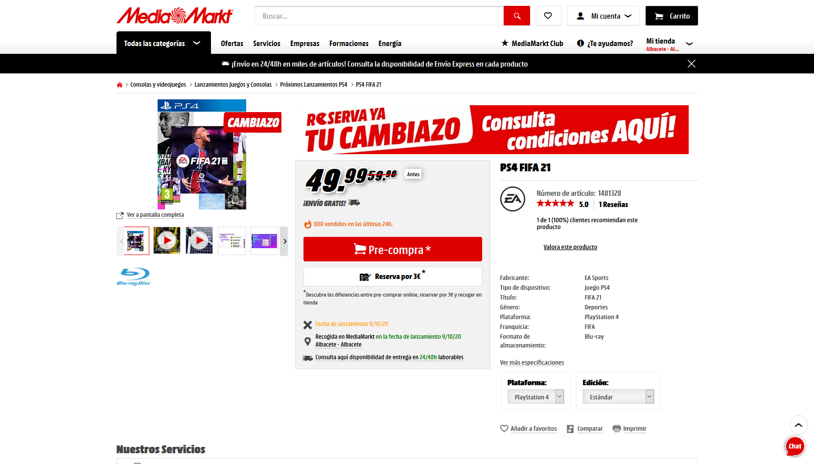Cambiazo Media Markt para Fifa 21 por 49.90€
