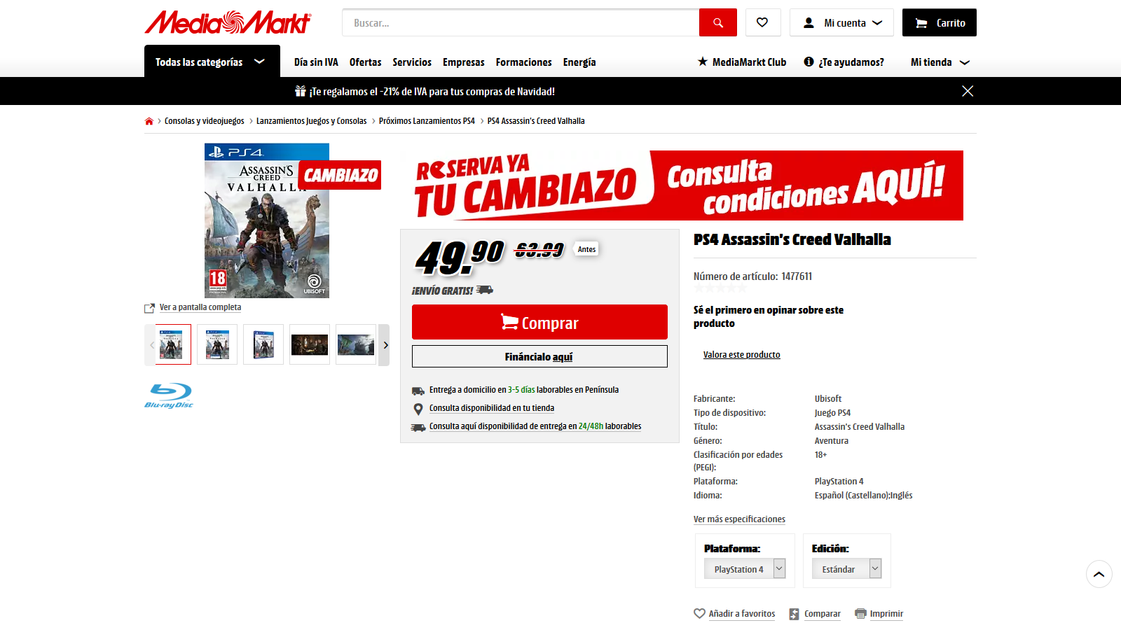 Cambiazo Media Markt para Assassin’s Creed Valhalla por 49.90€