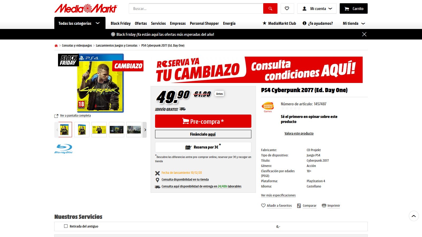 Cambiazo Media Markt para Cyberpunk 2077 por 49.90€